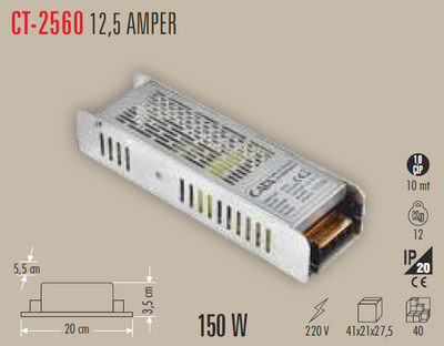 CT-2560 12 Volt 12.5 Amper 150 W Slim Trafo İP20