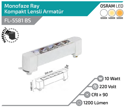 FL-5581 BS 10W Beyaz Kasa Silver Lensli Hareketli Ray Armatürü