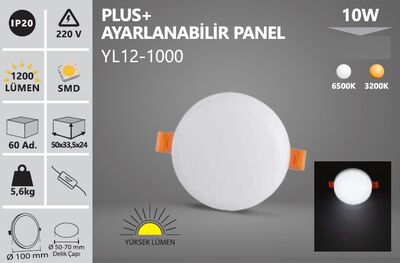 10W / LED PANEL / YUVARLAK / SIVA ALTI / 220V / AYARLANABİLİR / PLUS / YL12-1000