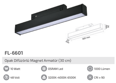 FL-6601 10W Opak Difüzörlü Magnet Armatür