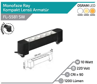 FL-5581 SW 10W Siyah Kasa Beyaz Lensli Hareketli Ray Armatürü