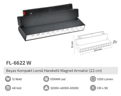 FL-6622 W 12W Beyaz Kompakt Lensli Hareketli Magnet Armatür