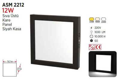 12W / LED PANEL / KARE / SIVA ÜSTÜ / 220V / SİYAH KASA 