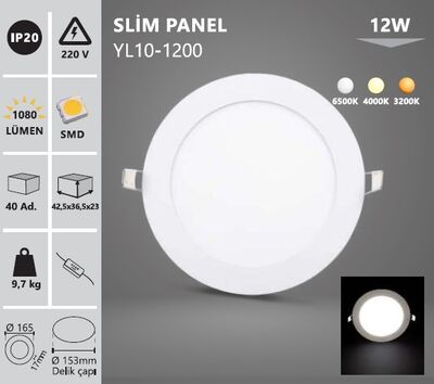 12W / LED PANEL / YUVARLAK / SIVA ALTI / 220V / YL10-1200