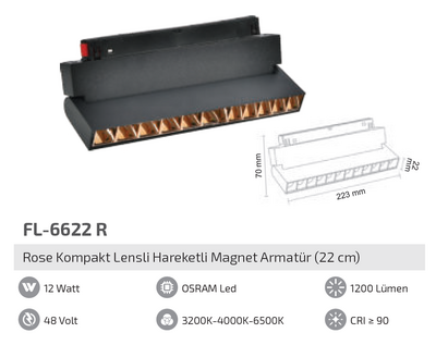 FL-6622 R 12W Rose Kompakt Lensli Hareketli Magnet Armatür