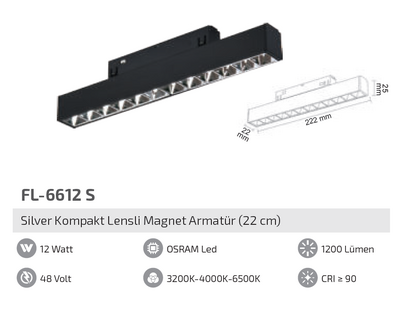 FL-6612 S 12W Silver Kompakt Lensli Magnet Armatür