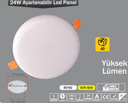 ERKLED - 24W / LED PANEL / YUVARLAK / SIVA ALTI / 220V / AYARLANABİLİR