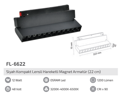 FL-6622 12W Siyah Kompakt Lensli Hareketli Magnet Armatür