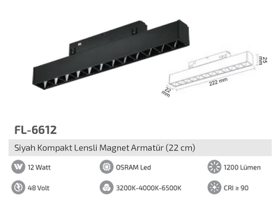 FL-6612 12W Siyah Kompakt Lensli Magnet Armatür