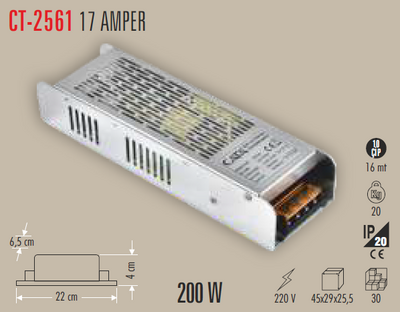 CT-256112 Volt 17 Amper 200 W Slim Trafo İP20