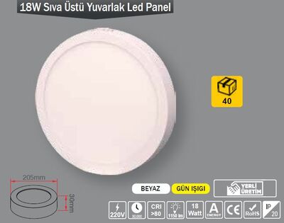 18W / LED PANEL / YUVARLAK / SIVA ÜSTÜ / 220V