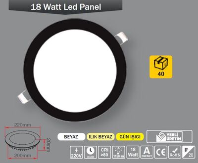 18W / LED PANEL / YUVARLAK / SIVA ALTI / 220V / SİYAH KASA