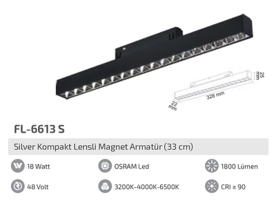 FL-6613 S 18W Silver Kompakt Lensli Magnet Armatür