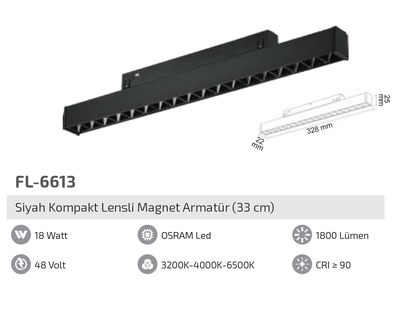 FL-6613 18W Siyah Kompakt Lensli Magnet Armatür