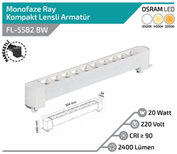 FL-5582 BW 20W Beyaz Kasa Beyaz Lensli Hareketli Ray Armatürü - Thumbnail