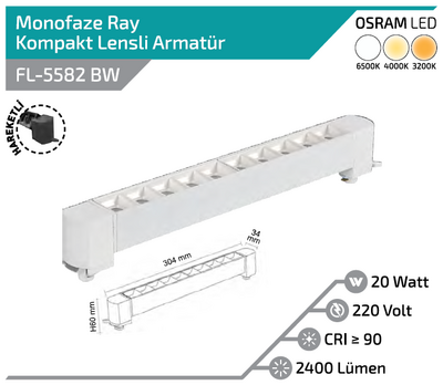 FL-5582 BW 20W Beyaz Kasa Beyaz Lensli Hareketli Ray Armatürü