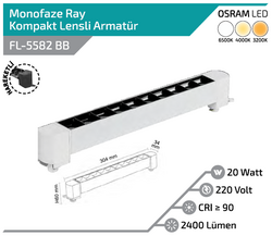 FL-5582 BB 20W Beyaz Kasa Siyah Lensli Hareketli Ray Armatürü - Thumbnail