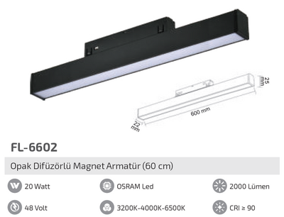 FL-6602 20W Opak Difüzörlü Magnet Armatür