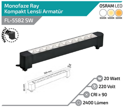 FL-5582 SW 20W Siyah Kasa Beyaz Lensli Hareketli Ray Armatürü - Thumbnail