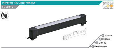 FL-5584 S 20W Siyah Kasa Opak Difüzörlü Hareketli Ray Armatürü