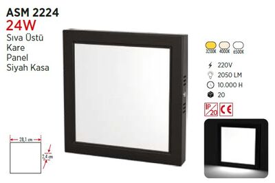 24W / LED PANEL / KARE / SIVA ÜSTÜ / 220V / SİYAH KASA 