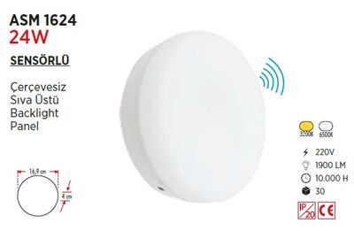24W / LED PANEL / YUVARLAK / SIVA ÜSTÜ / 220V / SENSÖRLÜ  - 2