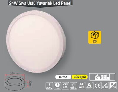 24W / LED PANEL / YUVARLAK / SIVA ÜSTÜ / 220V