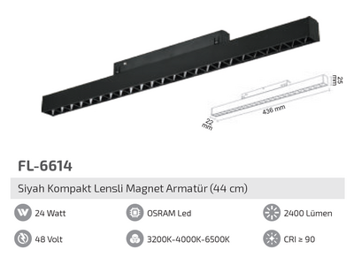 FL-6614 24W Siyah Kompakt Lensli Magnet Armatür