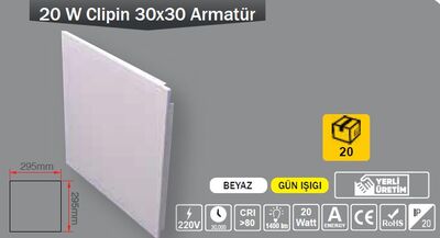 Clip-in Led Panel / 20W / Beyaz Kasa / 30x30 / Sıva Altı / Taş Yünü