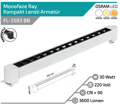 FL-5583 BB 30W Beyaz Kasa Siyah Lensli Hareketli Ray Armatürü