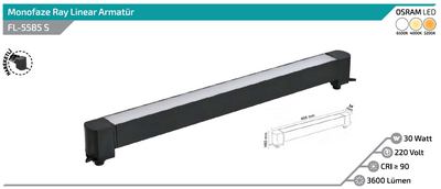 FL-5585 S 30W Siyah Kasa Opak Difüzörlü Hareketli Ray Armatürü