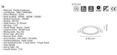 3W / LED PANEL / YUVARLAK / SIVA ALTI / 220V / GY1728