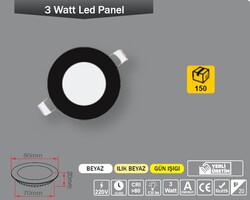 ERKLED - 3W / LED PANEL / YUVARLAK / SIVA ALTI / 220V / SİYAH KASA