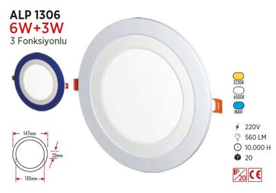 6+3 W / LED PANEL / YUVARLAK / SIVA ALTI / 220V / ÇİFT RENK