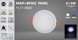 NOAS - 6+3 W / LED PANEL / YUVARLAK / SIVA ALTI / 220V / ÇİFT RENK MAVİ+BEYAZ / YL11-0600 (1)