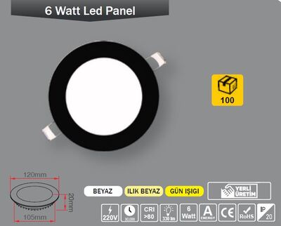 6W / LED PANEL / YUVARLAK / SIVA ALTI / 220V / SİYAH KASA