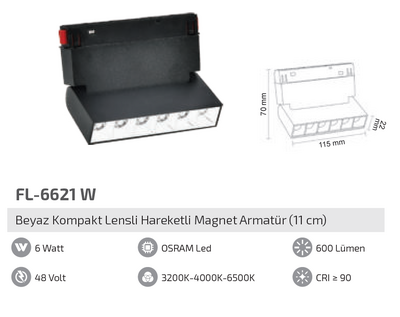 FL-6621 W 6W Beyaz Kompakt Lensli Hareketli Magnet Armatür