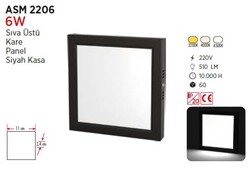 6W / LED PANEL / KARE / SIVA ÜSTÜ / 220V / SİYAH KASA - Thumbnail