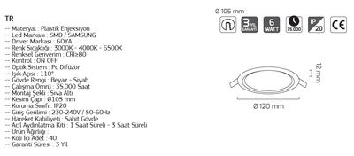 6W / LED PANEL / YUVARLAK / SIVA ALTI / 220V / GY1738