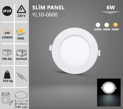 6W / LED PANEL / YUVARLAK / SIVA ALTI / 220V / YL10-0600