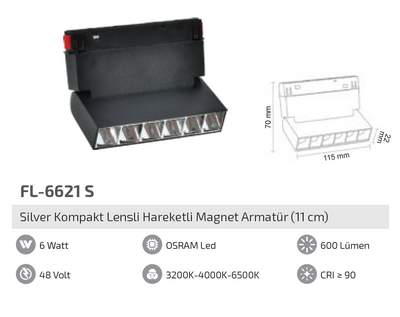 FL-6621 S 6W Silver Kompakt Lensli Hareketli Magnet Armatür