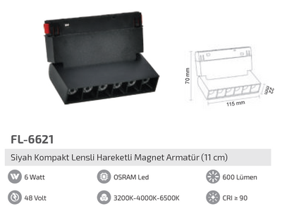 FL-6621 6W Siyah Kompakt Lensli Hareketli Magnet Armatür