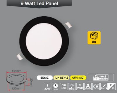 9W / LED PANEL / YUVARLAK / SIVA ALTI / 220V / SİYAH KASA