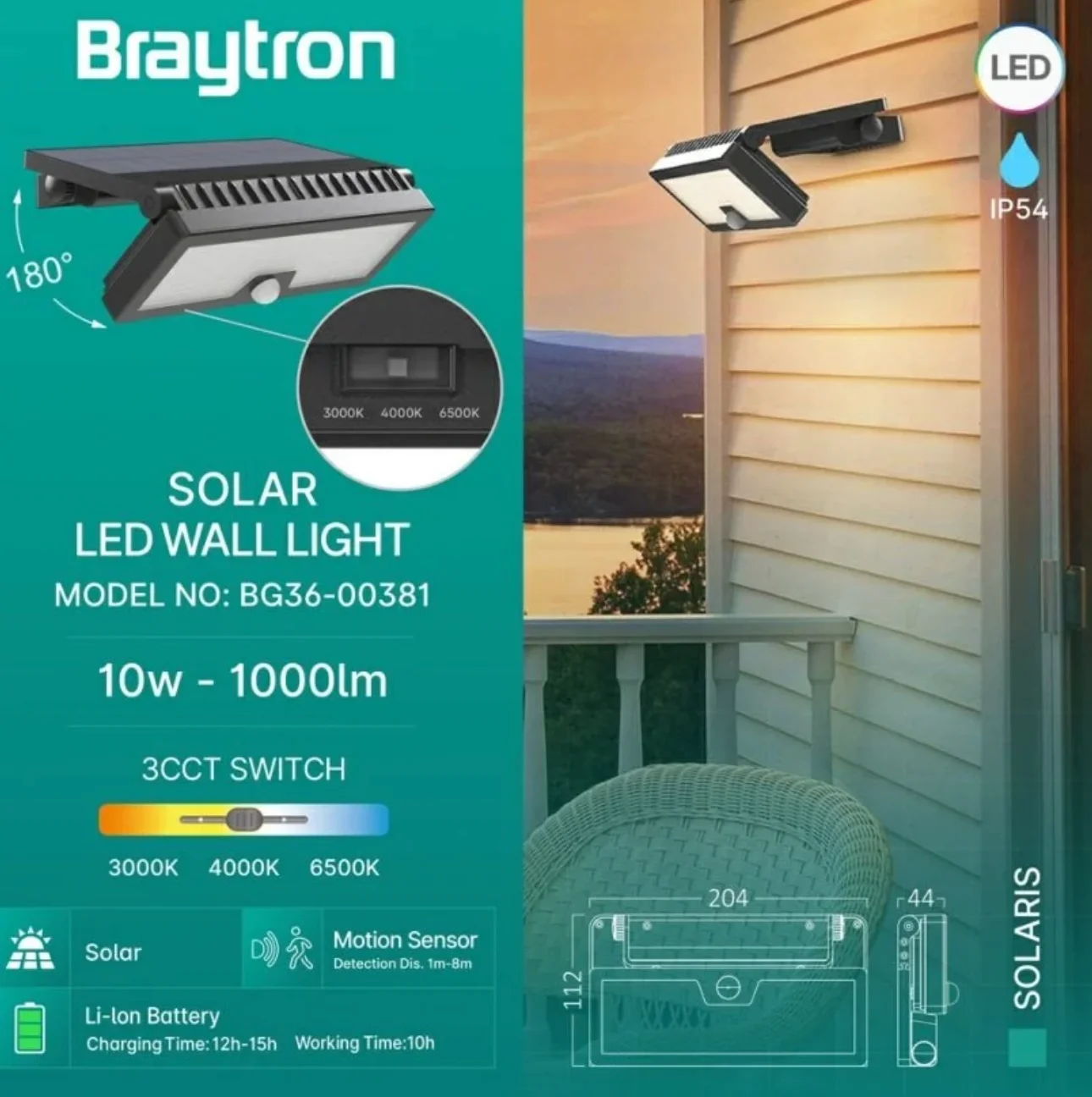 Braytron BG36-00381 10 Watt LED Solar Aplik 3 Işık Renkli