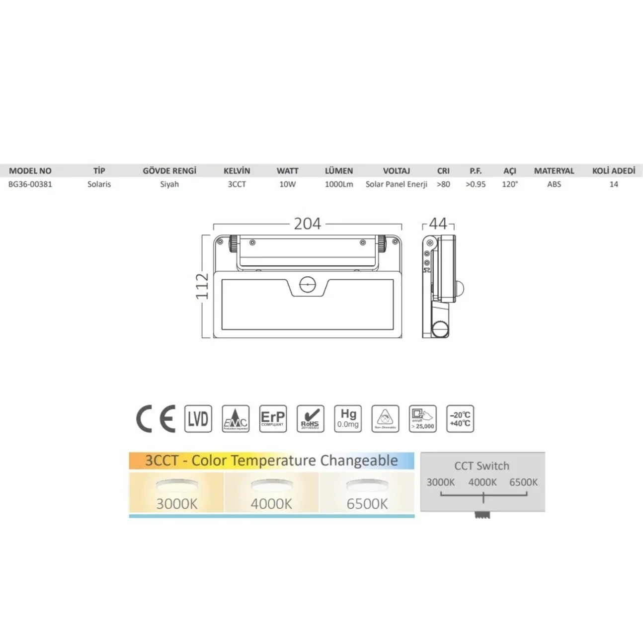Braytron BG36-00381 10 Watt LED Solar Aplik 3 Işık Renkli - Thumbnail