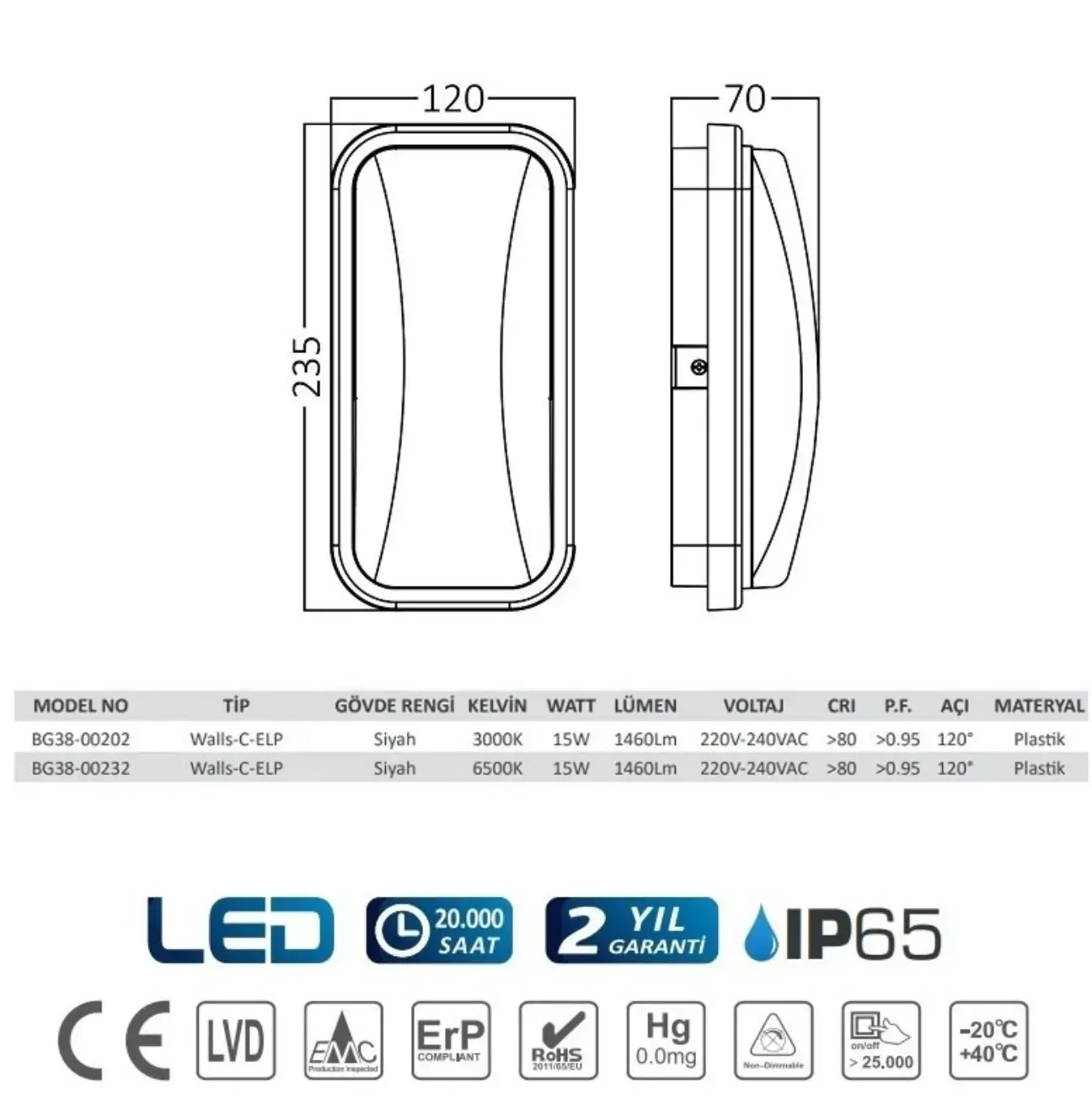 Braytron BG38-00232 Siyah Kasa Dış Mekan LED Aplik 15 Watt