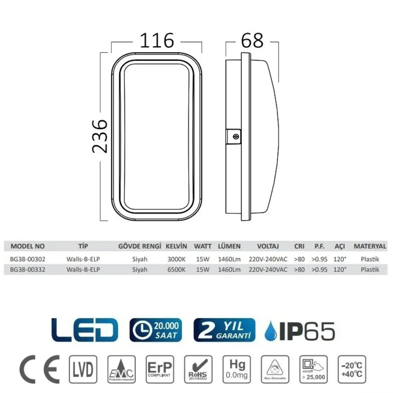 Braytron BG38-00332 Siyah Kasa Dış Mekan LED Aplik 15 Watt - Thumbnail