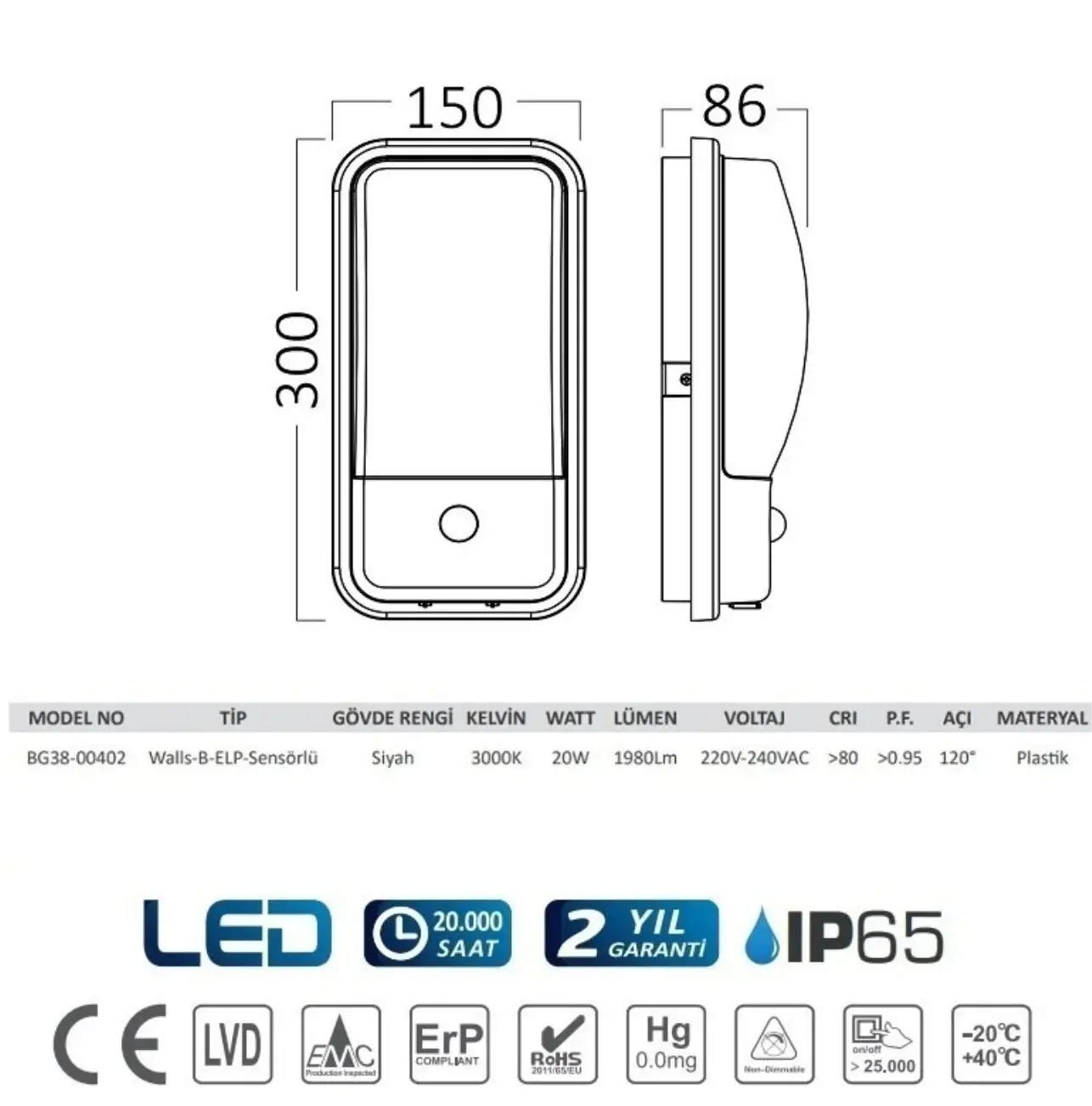 Braytron BG38-00402 Siyah Kasa Dış Mekan LED Aplik 15 Watt