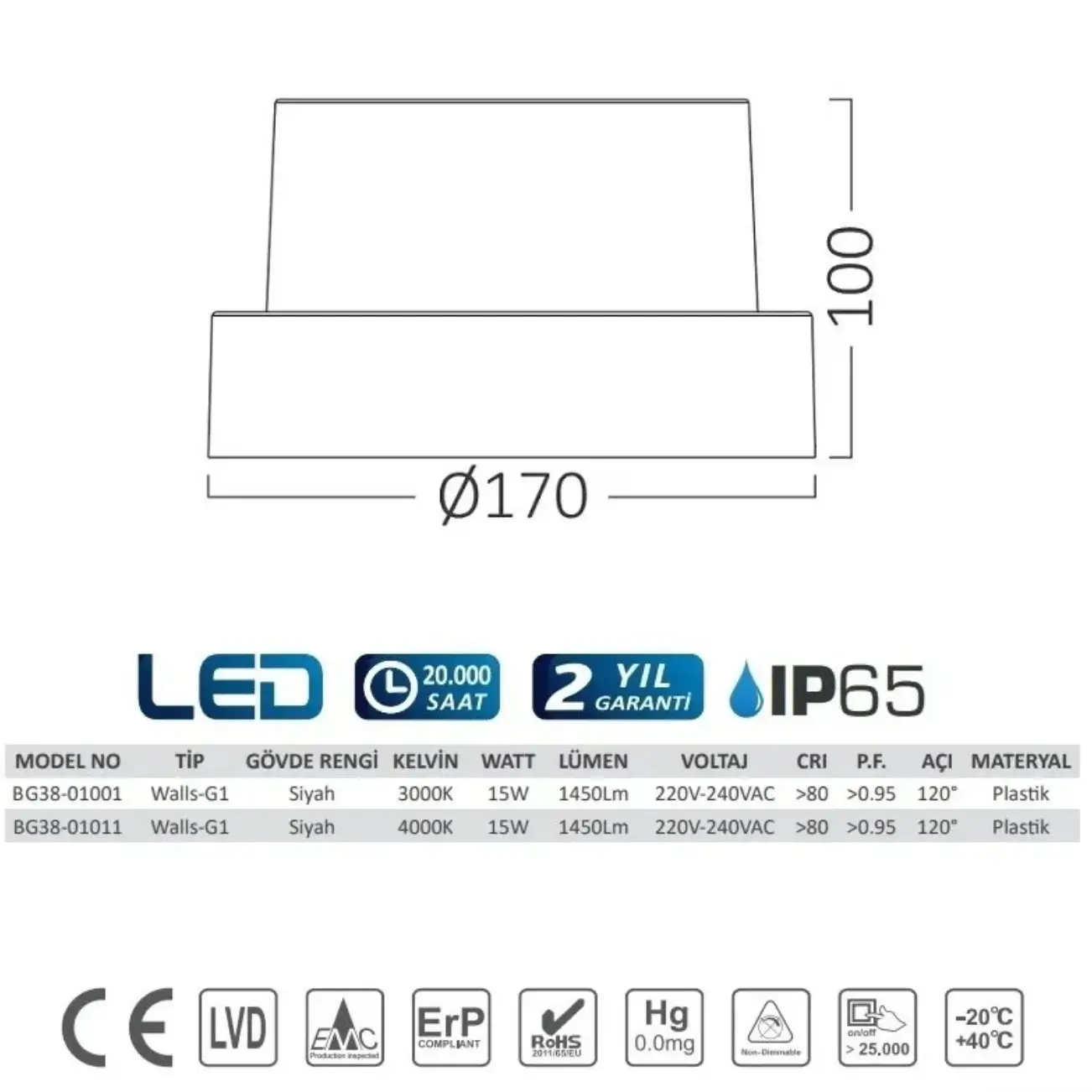 Braytron BG38-01011 Siyah Kasa Yuvarlak Dış Mekan Ilık Beyaz LED Aplik 15 Watt - Thumbnail