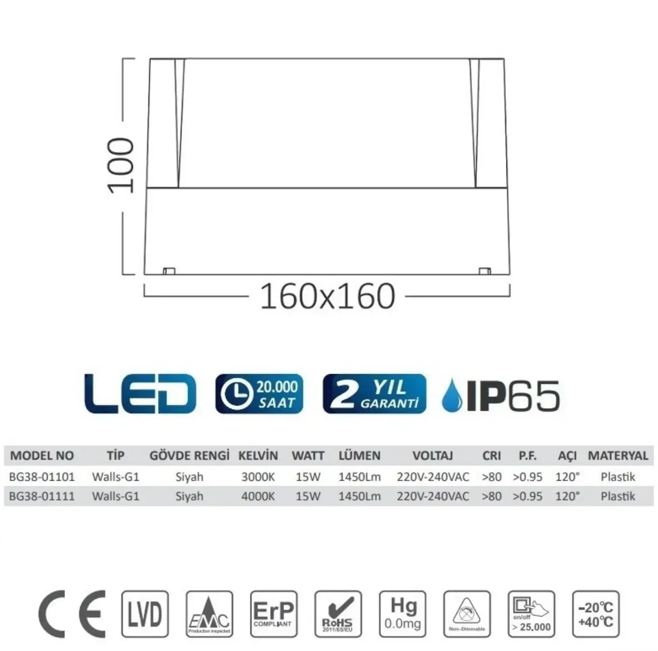 Braytron BG38-01111 Siyah Kasa Kare Dış Mekan LED Aplik 15 Watt Ilık Beyaz - Thumbnail
